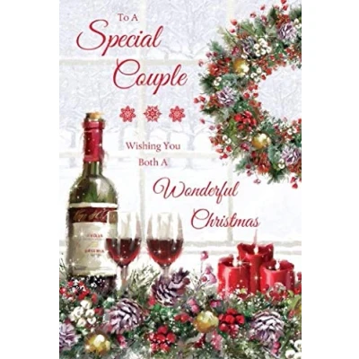 Image of Christmas Card (GR 635024) Special Couple Festive Flowers, Red Wine and Candles Foil Flittered Finish