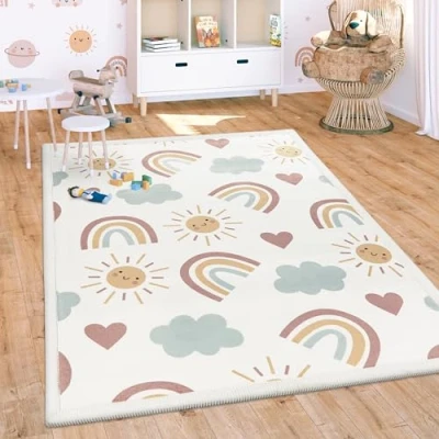 Image of Paco Home Nursery Area Rug Kids For Bedroom Girls Boys Non slip Rainbow Animal Motif Dots, Size:140x200 cm, Colour:Multicolored 3