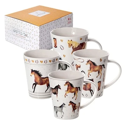 Image of SPOTTED DOG Gift COMPANY Mug Set of 4 Animal Coffee Mugs with Horse Themed Design, Ceramic Porcelain China Tea Cups, Equestrian Gifts for Lovers Women Girls Men Box, 360ml