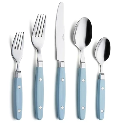 Image of Annova Cutlery Set 20 Pieces Stainless Steel Color Handle with Rivet/Retro Style Flatware (Light Blue)