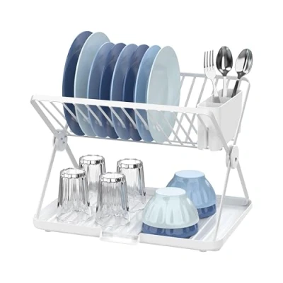 Image of Amig Kaplya Foldable Dish Rack 41.5 x 33.2 33.8 cm Steel and Plastic Colour White Compact with Drip Tray Cutlery Holder Ideal for Small Kitchens