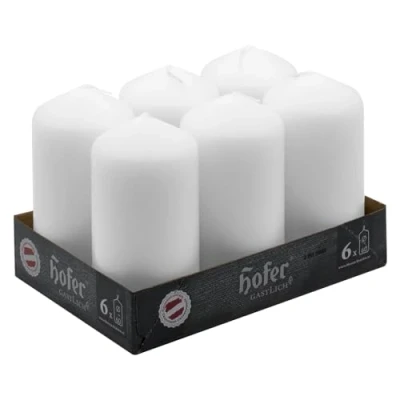 Image of Hofer Unscented Pillar Candles White 60 x 120 mm Set of 6 Decorative 39 Hours Long Burning Time Dripless Smokeless RAL Quality Made in Austria