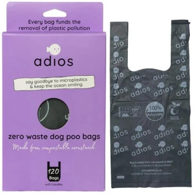 Image of Adios Plastic Home Compostable Dog Poop Bags Loose Extra Thick Leakproof Waste Made of Cornstarch Doggie with Handles Unscented &amp; Easy to Open (Pack 120)