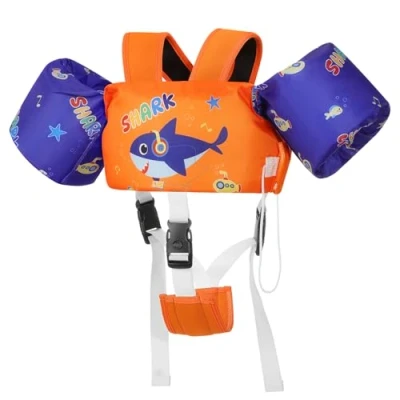 Image of MoKo Kids Swimming Vest, Toddler Floaties, Arm Band Floaties with Adjustable Strap, Swim Jacket Water Wing Pool Float, Sports Learning Training Equipment, Orange Blue Headset Shark