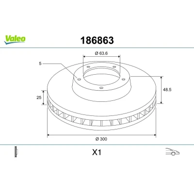 Image of 274510, 31262719, 31362412, 31400941, 31471749 Brake disc VALEO 186863 Front Axle 300mm 25mm 5 Hole Vented FORD: Focus 3, 2, KUGA VOLVO: V50