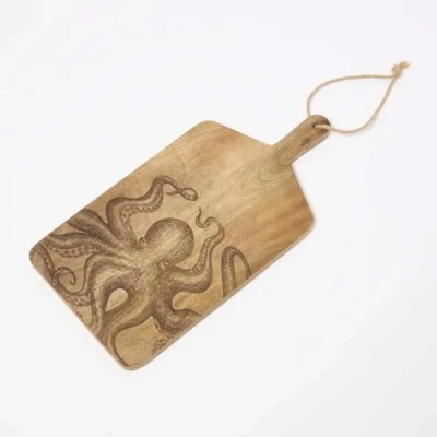 Image of HOMESCAPES Wooden Chopping Board with Engraved Octopus Design, 25H x 50W 2D cm, Natural Mango Wood, Decorative Serving Charcuterie