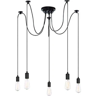 Image of iDEGU Modern and Retro Pendant Light, 5 Arms DIY Spider Chandelier Creative Adjustable 150CM Vintage Ceiling Lamp Fixture with E27 Socket, Black (5 Lights)