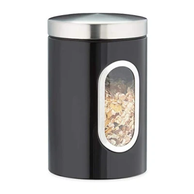 Image of Relaxdays 10027647_46 Storage Canister, Lid, Window, 1.4 L, for Coffee, Flour, Pasta, Kitchen Pantry Container, Jar, Metal, Black, Plastic