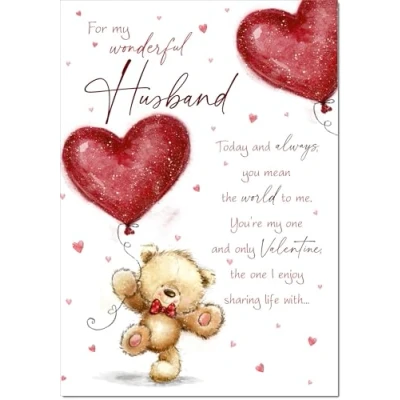 Image of doodlecards Husband Valentine&#039;s Day Card Teddy and Balloon Large A4 Size with Plain Envelope