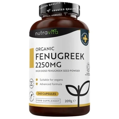 Image of Organic Fenugreek Capsules 2250mg Per 3 240 100% Pure Powder Soil Association Certified Vegan Supplement for Women &amp; Men Made in The UK by Nutravita