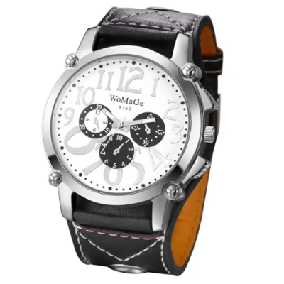 Image of JewelryWe Men&#039;s Steampunk Leather Watch: Easy to Read Large Big Dial Black Wide Strap Analog Quartz Three Eye Decorative Biker Cuff Wrist Watch
