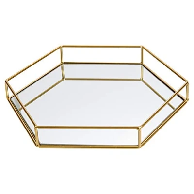 Image of Hexagon Gold Decorative Mirror Tray Serving Platter (Large 34cm x 30cm 5cm)