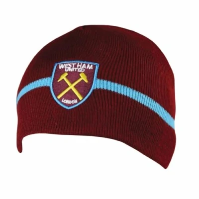 Image of West Ham United FC Crest Knitted Beanie (One Size) (Claret Red/Sky Blue)