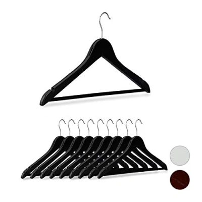 Image of Relaxdays Wooden Coat Hangers Set of 10, Notches, Pants Rail, 360 Swivel Hooks, 44.5 cm Wide, Black