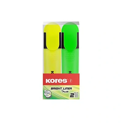 Image of Kores Yellow/Green Fluorescent Highlighter Pen Bright Liner, Fluorescent, Universal Water Based Ink Stationery Supplies, Office Pens Pack of 2