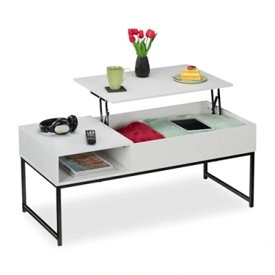 Image of Relaxdays Coffee Table with Lift Top, Side Section, Compartment Storage Space, Wood Look, 45 x 110 50 cm, White, Fibreboard, 56 cm