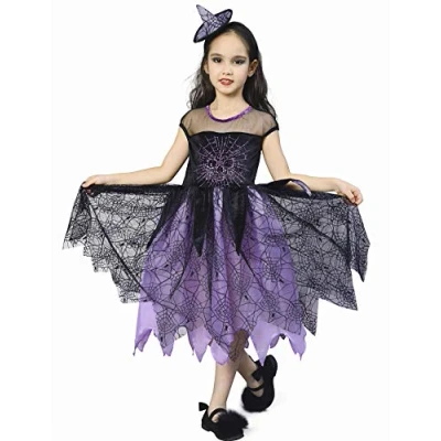 Image of IKALI Girls Witch Costume, Kids Spider Fancy Dress Up, Halloween Spiderella Outfit (3 4T)