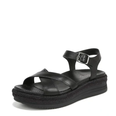 Image of Vionic Women&#039;s Mar Flat Sandal, Black Leather, 6 UK