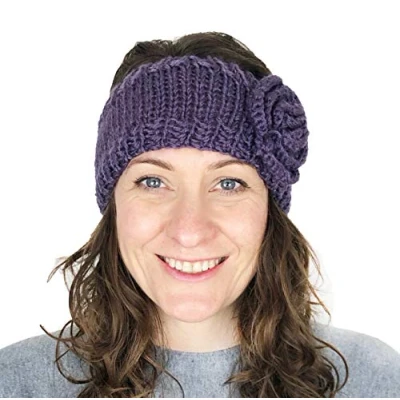 Image of PURPLE woollen machine knitted headband with flower. Warm winter