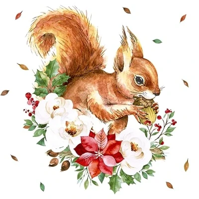 Image of 20 Napkins Christmas Squirrel on Flowers as Table Decoration Paper with Motif Also for Decoupage and 33 x cm