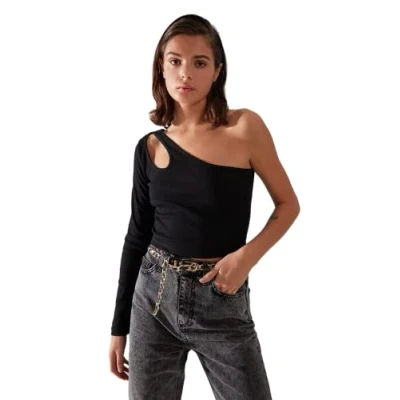 Image of Trendyol Women Slim fit Basic Asymmetrical Collar Knitted Blouse Schwarz