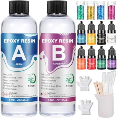 Image of Epoxy Resin Kit 400ml, Crystal Clear Kits for Beginners, Accessories with Pigment, Glitter, Silicone Measuring Cups, Casting Starter Art, Craft, Jewelry Making