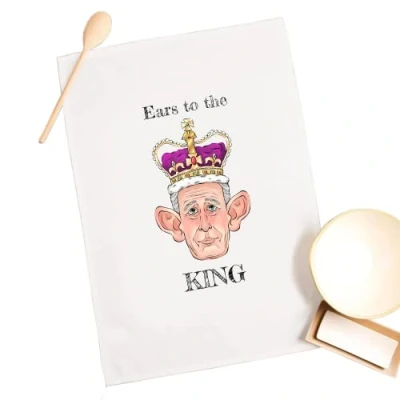 Image of SMARTYPANTS Ears To The King Funny Tea Towel Charles III Royal Coronation of His Majesty Crown Ceremony Celebration Memorabilia Home Decor Kitchen Cloth (Natural)