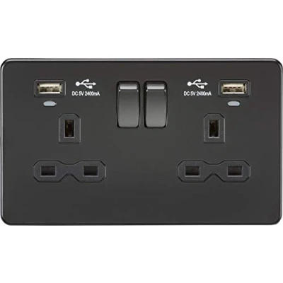 Image of KnightsBridge 13A 2G Switched Socket, Dual USB (2.4A) with LED Charge Indicators Matt Black