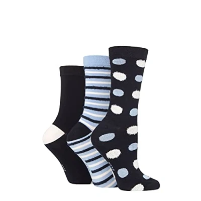 Image of Elle Ladies Spotty and Stripe Feather Bamboo Socks Pack of 3 (Navy/Blue, 4 8)