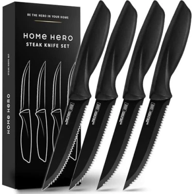 Image of Home Hero Ultra Sharp Stainless Steel Kitchen Knife Set Chef Knives (4 pcs Steak Black)
