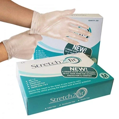 Image of Stretch 2 Fit Box of 100 or 200 Disposable &amp; Recyclable Gloves Powder Latex Free, Allergy Free Work, Food Preparation, Tattoo, NHS, Cleaning, Wholesale, Cheap (Box Large) clear