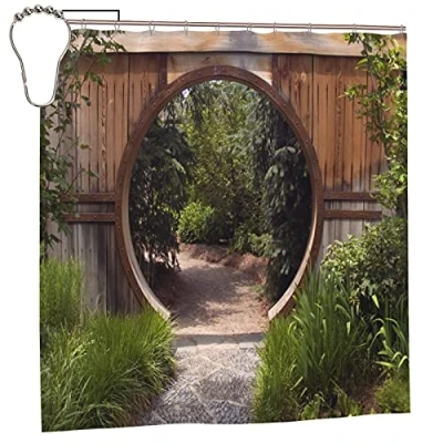 Image of Japanese Decor Collection Authentic Circle Rustic Doorway Gate Bathroom Shower Curtain Bath Opening to National Park Sublime Habitat Image Durable Waterproof Sets with 12 Hooks