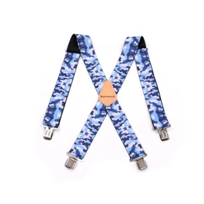 Image of Barnwell Blue Camo Camouflage Trouser Braces Suspenders Heavy Duty Metal Clips 50mm Wide Adjustable Elastic Work Camping