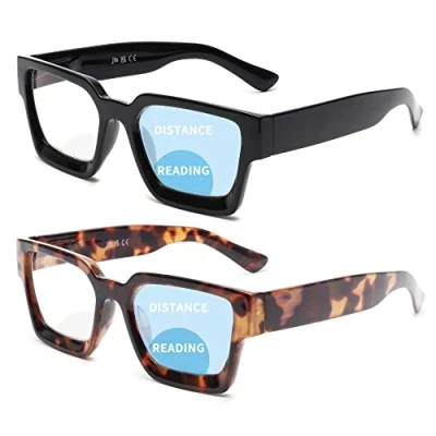 Image of JM 2 Pack Square Bifocal Reading Glasses for Women, Blue Light Blocking Computer Readers with Spring Hinge, Black &amp; Tortoise +4.0