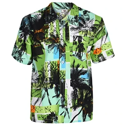 Image of True Face Mens Hawaiian Shirt Funky Short Sleeve Fancy Printed Hawaii Top Casual Wear Green A2 S