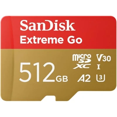 Image of SanDisk 512GB Extreme Go micro SDXC card + SD adapter, (For Android Devices, Gaming Consoles, Drones, Action Cams, UHS I, up to 200 MB/s, V30, 5K, 4K, UHD, Rescue PRO, Class 10, U3) For Amazon