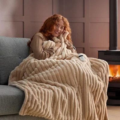 Image of Silentnight Luxury Faux Fur Ribbed Heated Throw Plush Electric Blanket for Sofa Bed with 9 Heat Settings, Fast up and Safety Shut Off Machine Washable 120x160cm, Natural