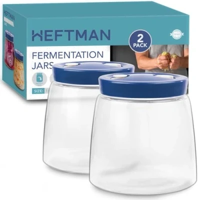 Image of HEFTMAN Fermenting Jar with 1 Way Air Release Vent Litre, 2 Pack Ideal for Safe Fermentation Kefir, Kimchi, Sauerkraut, Sourdough Starter, Overnight Oats Jars x (Blue)
