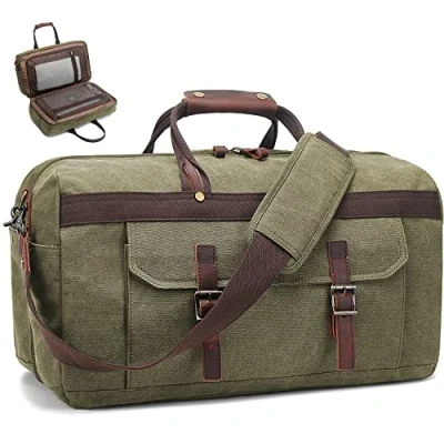 Image of Duffle Bag for Men Waterproof Genuine Leather Canvas Travel Duffel Bags Women Overnight Weekender Traveling, 5 Army Green, L, Classy