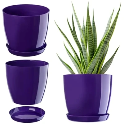 Image of KADAX Plant Pot, Plastic Flowerpot with matching Tray, Indoor Planter in several colours, Lightweight and Waterproof Pot for Office Living Room (⌀14cm, Purple)