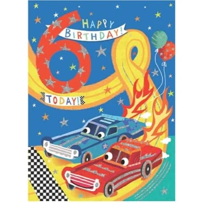 Image of Noel Tatt Milestone Age 6 Male Birthday Card for Boys Racing Cars &amp; Stars Eco Friendly Recyclable