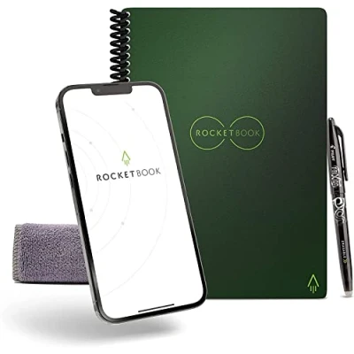 Image of ROCKETBOOK Reusable Digital Notebook Smart Notepad A5 Green Wirebound Note Book To Do List Pad, Dotted Paper with Frixion Erasable Pen and Wipe, Office Gadget App Reduce Waste