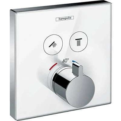 Image of hansgrohe ShowerSelect Glass thermostat conceiled, bathroom tap with safety stop at 40 C, square, mixer for 2 functions, white/chrom, 15738400