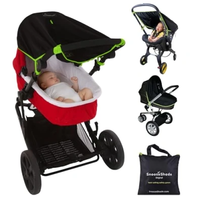 Image of SnoozeShade Original (0 6m) Universal Baby Pram Sun Shade, carrycot and Buggy Shade Canopy Cover Blocks 99% of UV Pushchair Blackout Blind Helps nap Safety Green Trim