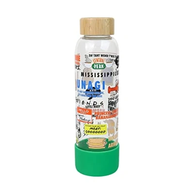 Image of Half Moon Bay Friends Quotes and Icons Glass Water Bottle with Wooden Lid, Green
