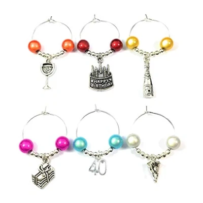 Image of Libby&#039;s Market Place 40th Birthday Gift Wine Glass Charms with Organza Bag