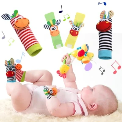 Image of Vicloon Baby Rattle Socks Wrist Strap Rattles Set, 4pcs Foot Finders &amp; for Infants, Toy Animal Soft Bell Development Gift 0 6 Month Babies Boy Girl