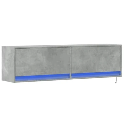 Image of vidaXL Floating TV Wall Cabinet with Customizable LED Lights Concrete Grey Engineered Wood Entertainment Center 2 Drawers 100x31x38 cm Space Saving Storage Unit