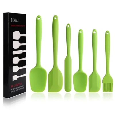 Image of BINHAI Silicone Spatula Set Green 6 Piece Non Stick Rubber with Stainless Steel Core Heat Resistant Kitchen Utensils for Cooking, Baking and Mixing