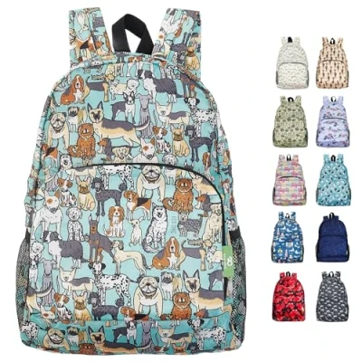 Image of ECO CHIC Lightweight Foldable Water Resistant Backpack Rucksack Folds into Pouch for Storage (Dogs Teal)